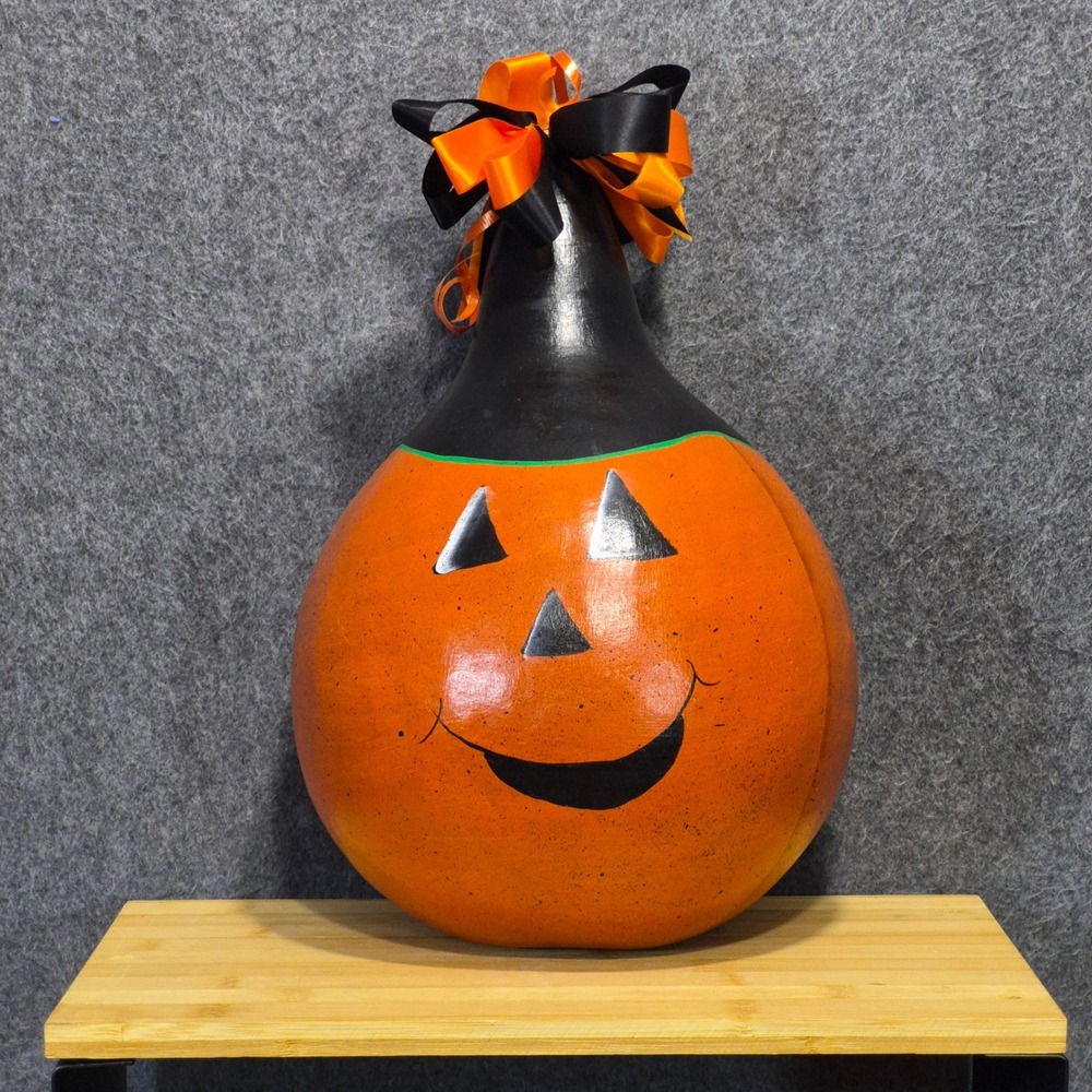 Vtg 2003 Folk Art Hand Painted, Signed, & Dated Jack-O'-Lantern Gourd Halloween